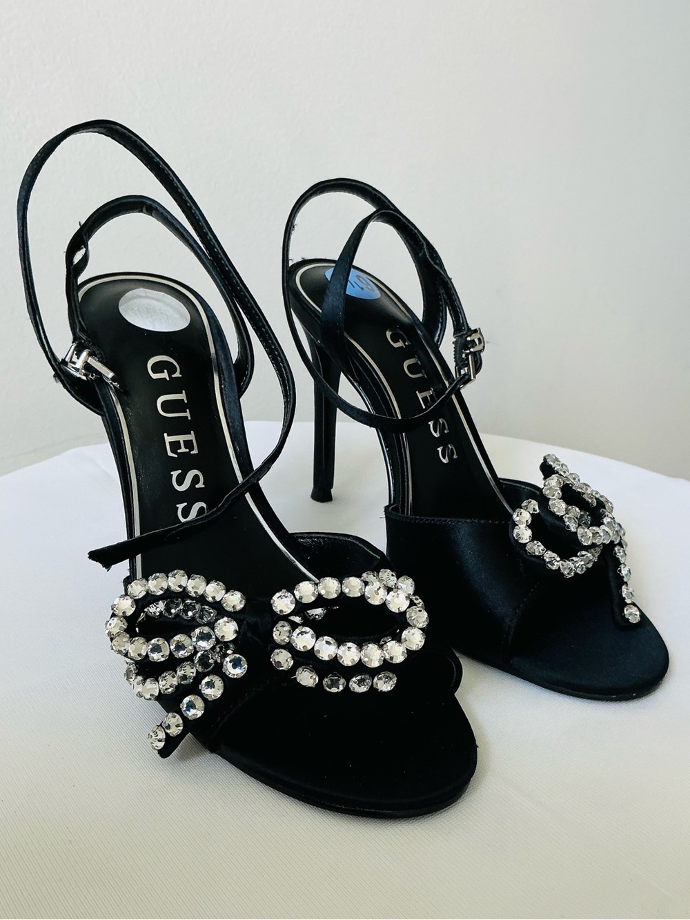GUESS Black Crystal Bow Slingback Stiletto Sandals Size 6.5M